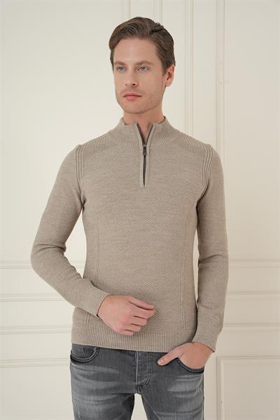 Slim Fit Dokuma Desenli Fermuarlı Yarım Balıkçı Yünlü Vizon Triko Kazak TR 893