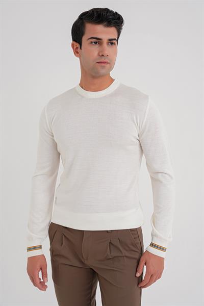 Slim Fit Desenli Ribanalı Ekru Yünlü Bisiklet Yaka Triko Kazak TR 894