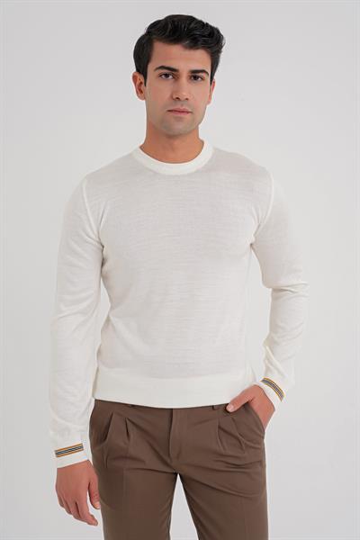 Slim Fit Desenli Ribanalı Ekru Yünlü Bisiklet Yaka Triko Kazak TR 894