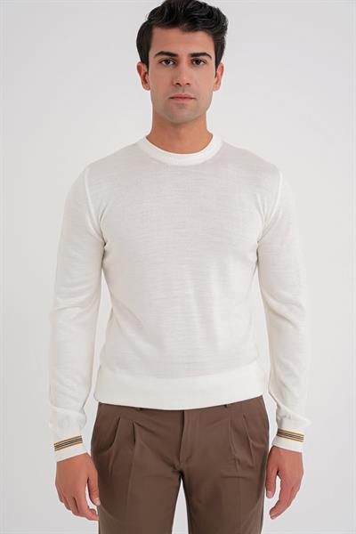 Slim Fit Desenli Ribanalı Ekru Yünlü Bisiklet Yaka Triko Kazak TR 894