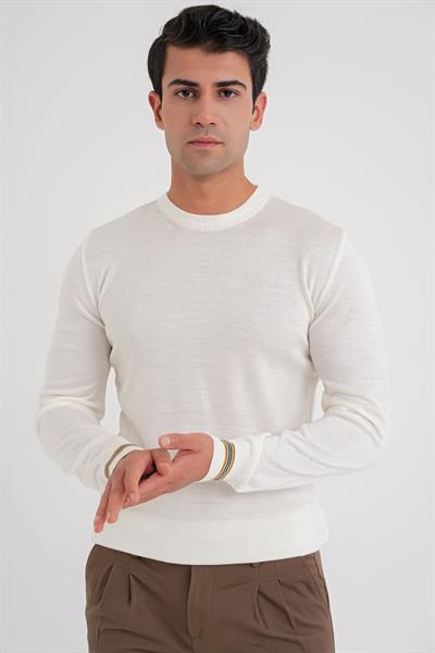 Slim Fit Desenli Ribanalı Ekru Yünlü Bisiklet Yaka Triko Kazak TR 894