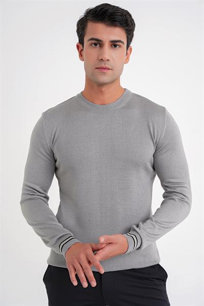 Slim Fit Desenli Ribanalı Gri Yünlü Bisiklet Yaka Triko Kazak TR 894