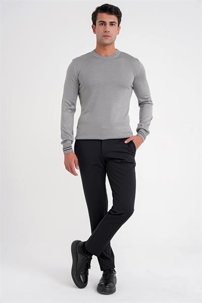 Slim Fit Desenli Ribanalı Gri Yünlü Bisiklet Yaka Triko Kazak TR 894