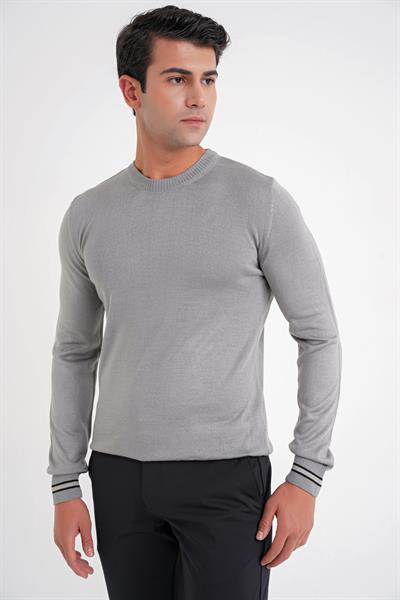 Slim Fit Desenli Ribanalı Gri Yünlü Bisiklet Yaka Triko Kazak TR 894