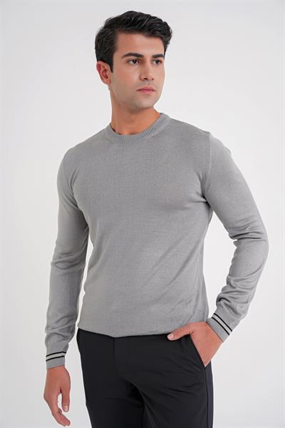 Slim Fit Desenli Ribanalı Gri Yünlü Bisiklet Yaka Triko Kazak TR 894