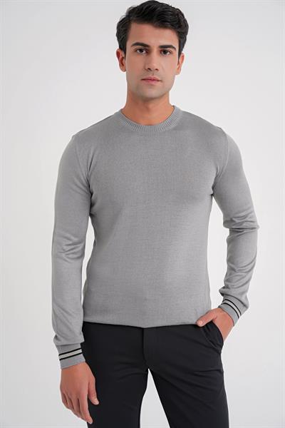 Slim Fit Desenli Ribanalı Gri Yünlü Bisiklet Yaka Triko Kazak TR 894