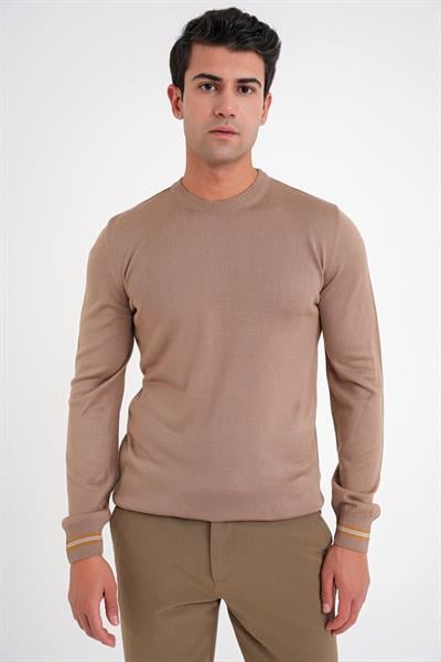 Slim Fit Desenli Ribanalı Kahverengi Yünlü Bisiklet Yaka Triko Kazak TR 894