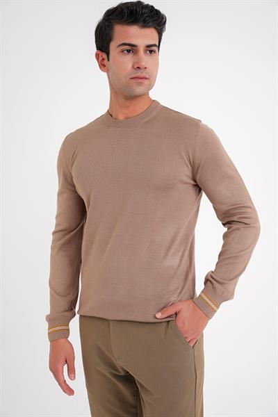 Slim Fit Desenli Ribanalı Kahverengi Yünlü Bisiklet Yaka Triko Kazak TR 894