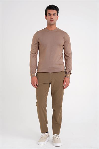 Slim Fit Desenli Ribanalı Kahverengi Yünlü Bisiklet Yaka Triko Kazak TR 894