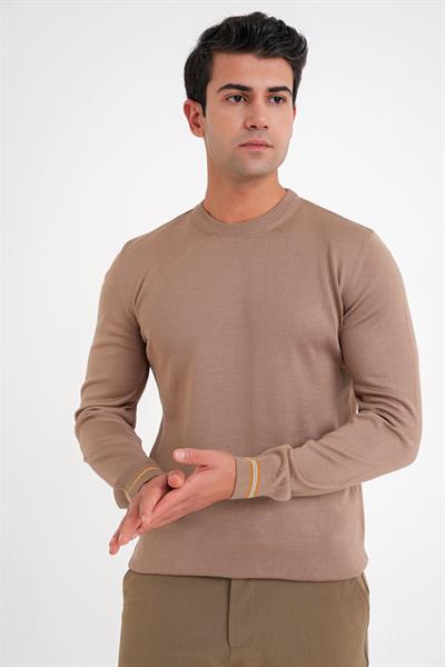 Slim Fit Desenli Ribanalı Kahverengi Yünlü Bisiklet Yaka Triko Kazak TR 894