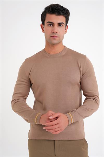 Slim Fit Desenli Ribanalı Kahverengi Yünlü Bisiklet Yaka Triko Kazak TR 894