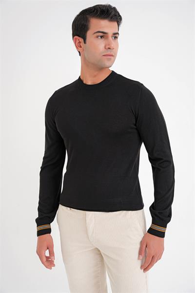 Slim Fit Desenli Ribanalı Siyah Yünlü Bisiklet Yaka Triko Kazak TR 894