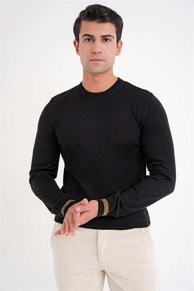 Slim Fit Desenli Ribanalı Siyah Yünlü Bisiklet Yaka Triko Kazak TR 894