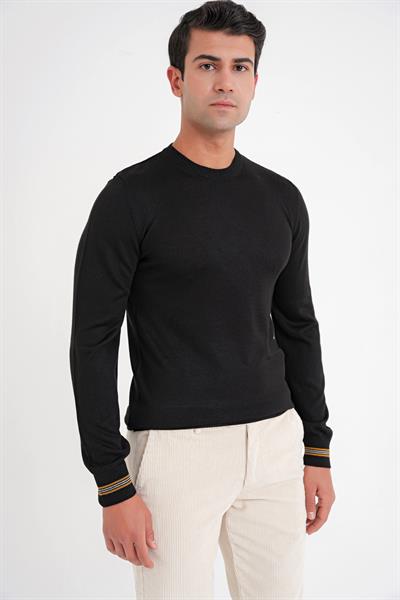 Slim Fit Desenli Ribanalı Siyah Yünlü Bisiklet Yaka Triko Kazak TR 894