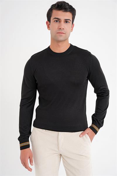 Slim Fit Desenli Ribanalı Siyah Yünlü Bisiklet Yaka Triko Kazak TR 894