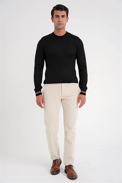 Slim Fit Desenli Ribanalı Siyah Yünlü Bisiklet Yaka Triko Kazak TR 894