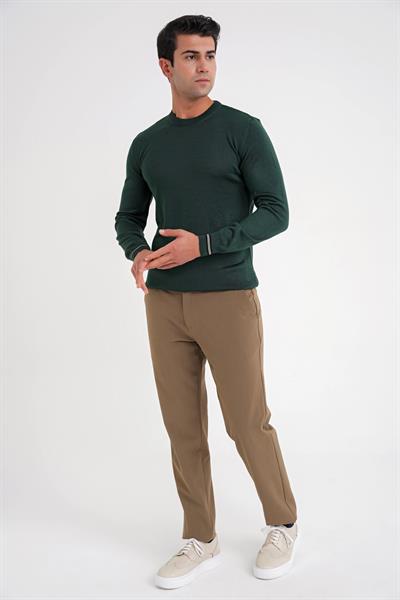 Slim Fit Desenli Ribanalı Yeşil Yünlü Bisiklet Yaka Triko Kazak TR 894