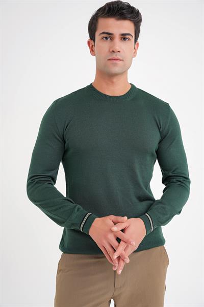 Slim Fit Desenli Ribanalı Yeşil Yünlü Bisiklet Yaka Triko Kazak TR 894