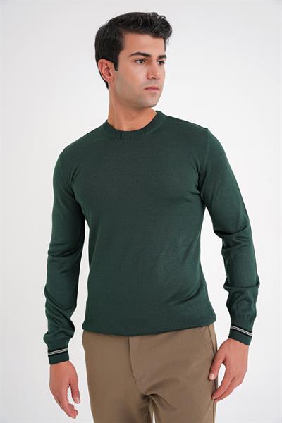 Slim Fit Desenli Ribanalı Yeşil Yünlü Bisiklet Yaka Triko Kazak TR 894