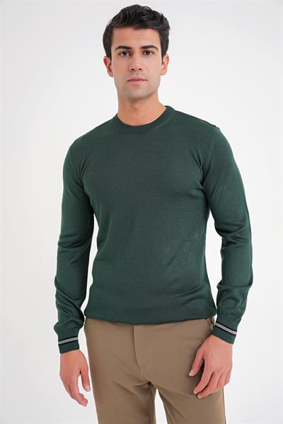 Slim Fit Desenli Ribanalı Yeşil Yünlü Bisiklet Yaka Triko Kazak TR 894