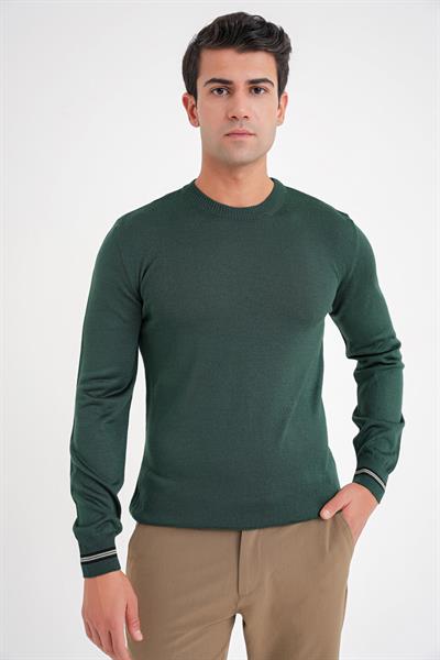 Slim Fit Desenli Ribanalı Yeşil Yünlü Bisiklet Yaka Triko Kazak TR 894