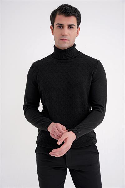 Comfort Fit Baklava Desenli Balıkçı Yaka Yünlü Siyah Triko Kazak TR 895