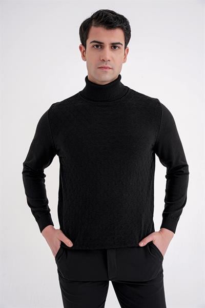 Comfort Fit Baklava Desenli Balıkçı Yaka Yünlü Siyah Triko Kazak TR 895