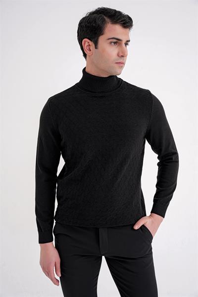 Comfort Fit Baklava Desenli Balıkçı Yaka Yünlü Siyah Triko Kazak TR 895