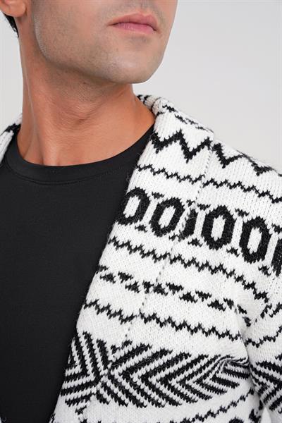 Comfort Fit Etnik Desenli Şal Yaka Beyaz Yünlü Triko Ceket 03