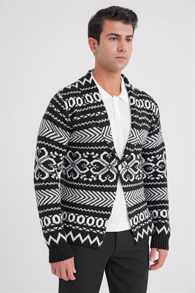 Comfort Fit Etnik Desenli Şal Yaka Siyah Yünlü Triko Ceket 03