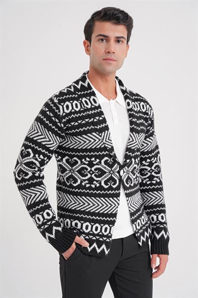 Comfort Fit Etnik Desenli Şal Yaka Siyah Yünlü Triko Ceket 03