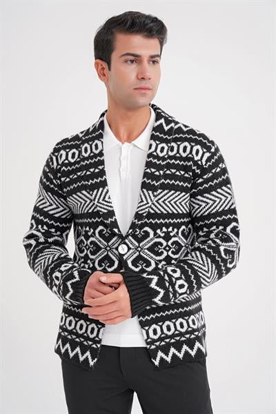 Comfort Fit Etnik Desenli Şal Yaka Siyah Yünlü Triko Ceket 03