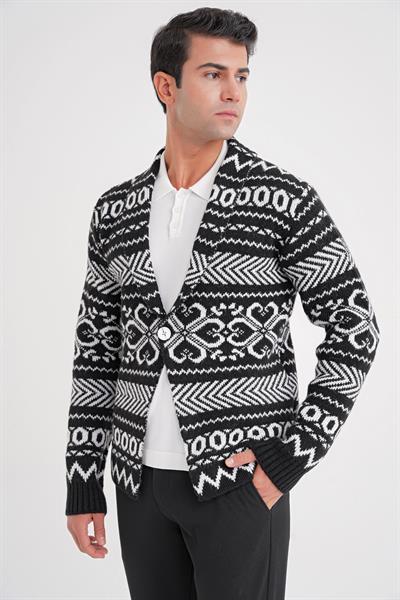 Comfort Fit Etnik Desenli Şal Yaka Siyah Yünlü Triko Ceket 03