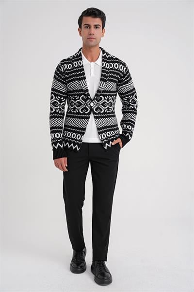Comfort Fit Etnik Desenli Şal Yaka Siyah Yünlü Triko Ceket 03