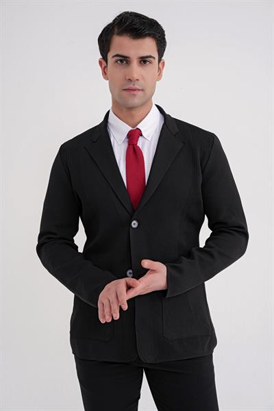 Comfort Fit Ceket Yaka Torba Cep Düğmeli Siyah Yünlü Triko Ceket 04