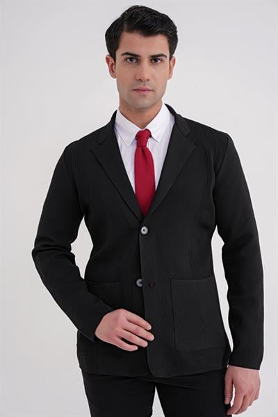 Comfort Fit Ceket Yaka Torba Cep Düğmeli Siyah Yünlü Triko Ceket 04
