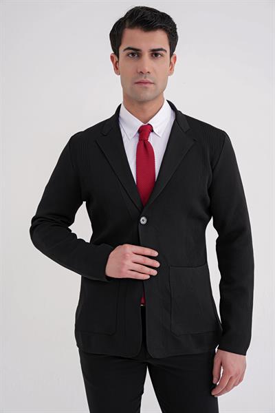 Comfort Fit Ceket Yaka Torba Cep Düğmeli Siyah Yünlü Triko Ceket 04