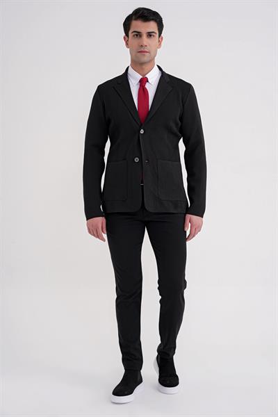 Comfort Fit Ceket Yaka Torba Cep Düğmeli Siyah Yünlü Triko Ceket 04