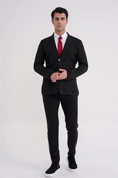 Comfort Fit Ceket Yaka Torba Cep Düğmeli Siyah Yünlü Triko Ceket 04