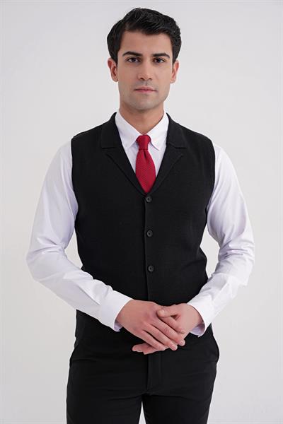 Slim Fit Ceket Yaka Düğmeli Siyah Yünlü Triko Yelek TRY 012