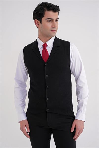 Slim Fit Ceket Yaka Düğmeli Siyah Yünlü Triko Yelek TRY 012
