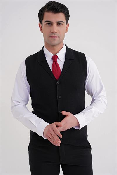 Slim Fit Ceket Yaka Düğmeli Siyah Yünlü Triko Yelek TRY 012