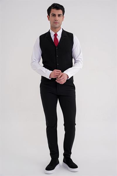 Slim Fit Ceket Yaka Düğmeli Siyah Yünlü Triko Yelek TRY 012