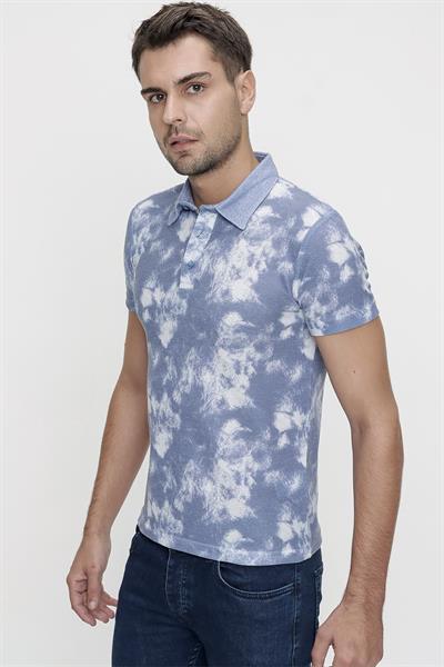 Slim Fit Pamuklu Batik Desenli Mavi Polo Yaka Tişört TS 800