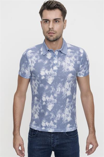 Slim Fit Pamuklu Batik Desenli Mavi Polo Yaka Tişört TS 800