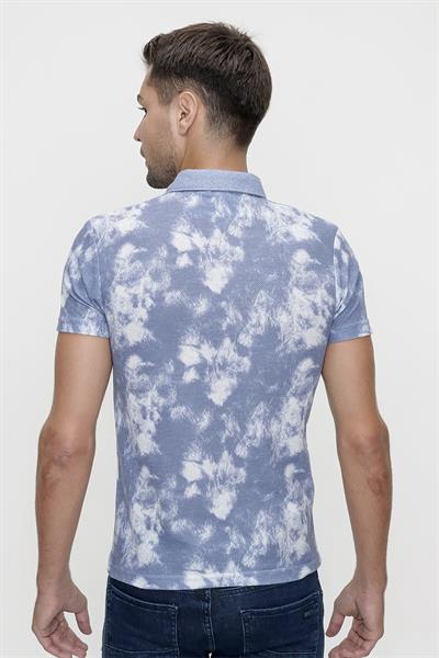 Slim Fit Pamuklu Batik Desenli Mavi Polo Yaka Tişört TS 800