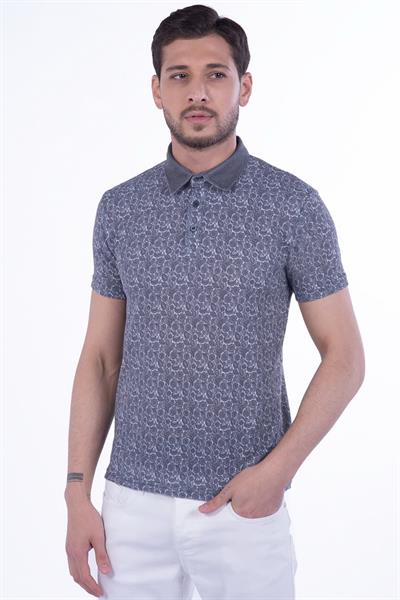 Slim Fit Pamuklu Karma Desenli Siyah Polo Yaka Tişört TS 799