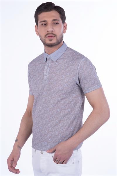 Slim Fit Pamuklu Karma Desenli Bej Polo Yaka Tişört TS 800