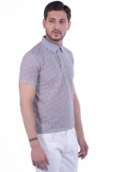 Slim Fit Pamuklu Karma Desenli Bej Polo Yaka Tişört TS 800