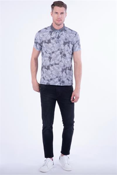 Slim Fit Pamuklu Karma Desenli Siyah Polo Yaka Tişört TS 805